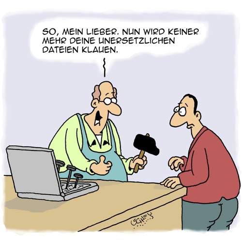 Cartoon: Sicher ist sicher! (medium) by Karsten Schley tagged computer,sicherheit,internet,datendiebstahl,viren,trojaner,technik,kriminalität,gesellschaft,sicher,computer,sicherheit,internet,datendiebstahl,viren,trojaner,technik,kriminalität,gesellschaft