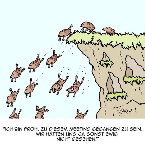 Cartoon: So ein Glück! (medium) by Karsten Schley tagged meeting,sitzung,business,wirtschaft,tiere,mythen,lemminge,leben,tod,treffen,beziehungen,meeting,sitzung,business,wirtschaft,tiere,mythen,lemminge,leben,tod,treffen,beziehungen