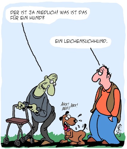 Cartoon: Spezial-Hund (medium) by Karsten Schley tagged alter,senioren,rentner,hunde,suchhunde,rettungshunde,tiere,tod,gesellschaft,alter,senioren,rentner,hunde,suchhunde,rettungshunde,tiere,tod,gesellschaft