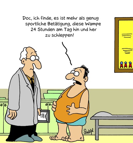 Cartoon: Sportliche Betätigung (medium) by Karsten Schley tagged gesundheit,sport,gesellschaft,ernährung,essen,medizin,übergewicht,männer,mann,gesundheit,sport,gesellschaft,ernährung,essen,übergewicht,männer