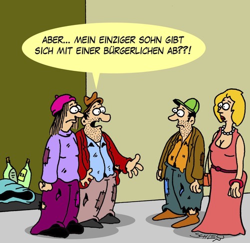 Cartoon: Standesunterschied (medium) by Karsten Schley tagged liebe,heiraten,eltern,kinder,beziehungen,gesellschaft,standesunterschied,sozial,armut,obdachlosigkeit,geld,wirtschaft,einkommen,heiraten,liebe,eltern,kinder,beziehungen,gesellschaft,standesunterschied,sozial,armut,obdachlosigkeit