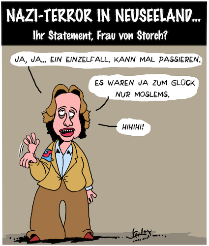 Cartoon: Statement (medium) by Karsten Schley tagged christchurch,neuseeland,naziterror,muslime,rassismus,faschismus,tod,verbrechen,politik,migration,sicherheit,afd,gesellschaft,christchurch,neuseeland,naziterror,muslime,rassismus,faschismus,tod,verbrechen,politik,migration,sicherheit,afd,gesellschaft