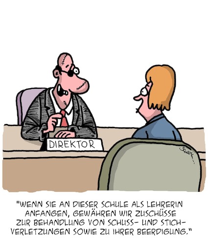 Cartoon: Super Job! (medium) by Karsten Schley tagged schule,lehrer,schüler,gewalt,bildung,sozialbrennpunkte,jobs,gesellschaft,schule,lehrer,schüler,gewalt,bildung,sozialbrennpunkte,jobs,gesellschaft