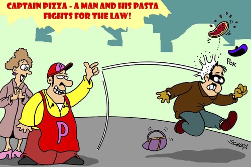 Cartoon: Superheld (medium) by Karsten Schley tagged nahrung,ernährung,superhelden,comics,italien,pizza,kriminalität,gesellschaft,nahrung,ernährung,superhelden,italien,pizza,kriminalität,gesellschaft,comics