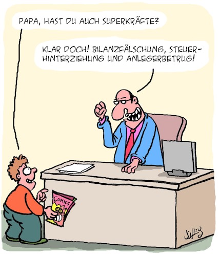 Cartoon: Superhelden (medium) by Karsten Schley tagged superhelden,comics,kinder,familie,wirtschaft,wirtschaftskriminalität,steuern,steuerbetrug,boni,geld,profite,business,industrie,superhelden,comics,kinder,familie,wirtschaft,wirtschaftskriminalität,steuern,steuerbetrug,boni,geld,profite,business,industrie