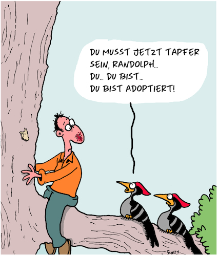 Cartoon: Tapferkeit (medium) by Karsten Schley tagged familien,eltern,kinder,tapferkeit,adoption,tiere,wald,vögel,spechte,natur,familien,eltern,kinder,tapferkeit,adoption,tiere,wald,vögel,spechte,natur