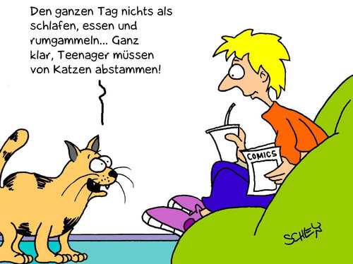 Cartoon: Teenager (medium) by Karsten Schley tagged gesellschaft,teenager,jugend,jugendliche,tiere,katzen,natur,abstammung,abstammungslehre,biologie,evolution,gesellschaft,teenager,jugend,jugendliche,tiere,katzen,natur,abstammungslehre,biologie,evolution,abstammung,genetik,wissenschaft