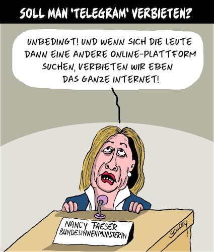 Cartoon: TELEGRAM verbieten!! (medium) by Karsten Schley tagged telegram,internet,demokratie,innenministerium,meinungsfreiheit,politik,technik,gesellschaft,deutschland,telegram,internet,demokratie,innenministerium,meinungsfreiheit,politik,technik,gesellschaft,deutschland