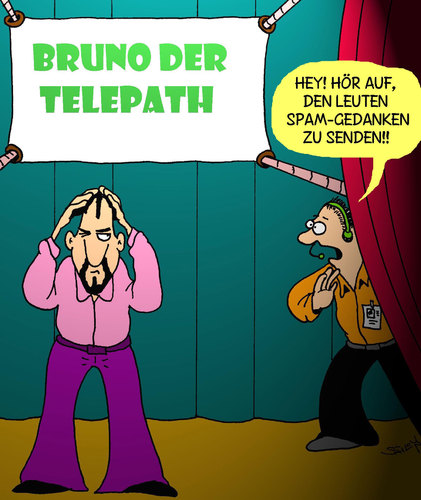 Cartoon: Telepathie (medium) by Karsten Schley tagged unterhaltung,aberglauben,telepathie,wissenschaft,gesellschaft,spam,kommunikation,deutschland,unterhaltung,aberglauben,telepathie,wissenschaft,gesellschaft,spam,kommunikation,deutschland
