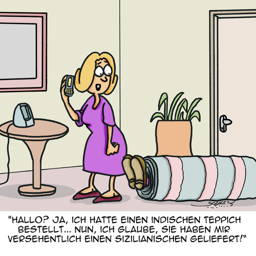 Cartoon: Teppich (medium) by Karsten Schley tagged wohnen,mode,einrichtungen,indisch,italienisch,frauen,lieferungen,bestellungen,shopping,business,transport,wirtschaft,wohnen,mode,einrichtungen,indisch,italienisch,frauen,lieferungen,bestellungen,shopping,business,transport,wirtschaft