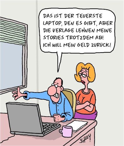 Cartoon: Teuer (medium) by Karsten Schley tagged erfolg,schriftsteller,verleger,laptops,technik,presse,literatur,medien,preise,geld,gesellschaft,erfolg,schriftsteller,verleger,laptops,technik,presse,literatur,medien,preise,geld,gesellschaft