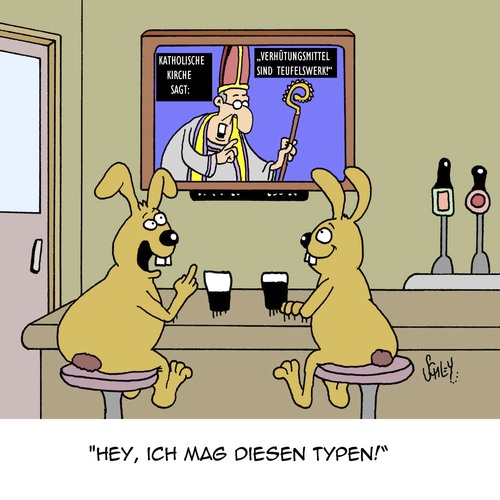 Cartoon: TOLLER TYP!! (medium) by Karsten Schley tagged religion,kirche,katholizismus,verhütung,papst,verhütungsmittel,bibel,tiere,hasen,religion,kirche,katholizismus,verhütung,papst,verhütungsmittel,bibel,tiere,hasen