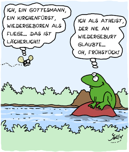 Cartoon: Überraschung! (medium) by Karsten Schley tagged glaube,religion,wiedergeburt,atheismus,jobs,klerus,kirchenfürsten,mythen,legenden,ernährung,tiere,glaube,religion,wiedergeburt,atheismus,jobs,klerus,kirchenfürsten,mythen,legenden,ernährung,tiere