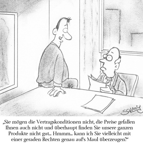 Cartoon: Überzeugen (medium) by Karsten Schley tagged verkaufen,verkäufer,wirtschaft,business,karriere,geld,kunden,umsatz,verkaufen,verkäufer,wirtschaft,business,karriere,geld,kunden,umsatz