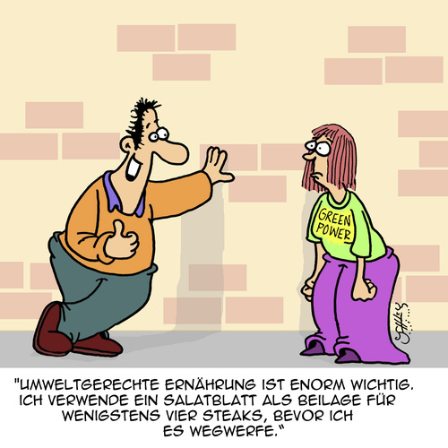 Cartoon: Umweltgerecht (medium) by Karsten Schley tagged ernährung,umwelt,ökologie,essen,vegetarier,tiere,nachhaltigkeit,ernährung,umwelt,ökologie,essen,vegetarier,tiere,nachhaltigkeit