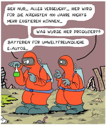 Cartoon: Umweltschutz (medium) by Karsten Schley tagged elektroautos,technik,umweltschutz,industrie,kapitalismus,klimaschutz,profite,mobilität,gesellschaft,politik,elektroautos,technik,umweltschutz,industrie,kapitalismus,klimaschutz,profite,mobilität,gesellschaft,politik