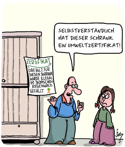 Cartoon: Umweltzertifikat (medium) by Karsten Schley tagged regenwald,umweltschutz,tropenholz,business,möbel,wirtschaft,politik,regenwald,umweltschutz,tropenholz,business,möbel,wirtschaft,politik