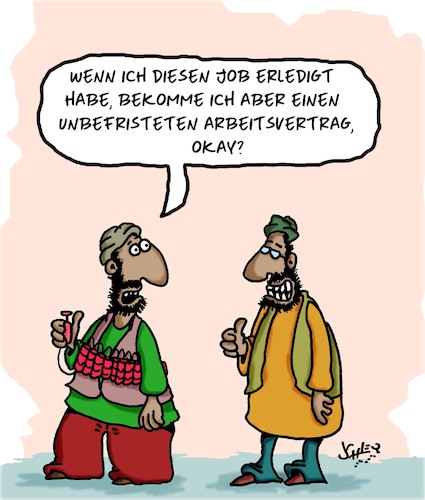 Cartoon: Unbefristet (medium) by Karsten Schley tagged arbeitgeber,arbeitnehmer,zeitverträge,terror,religion,business,politik,arbeitgeber,arbeitnehmer,zeitverträge,terror,religion,business,politik