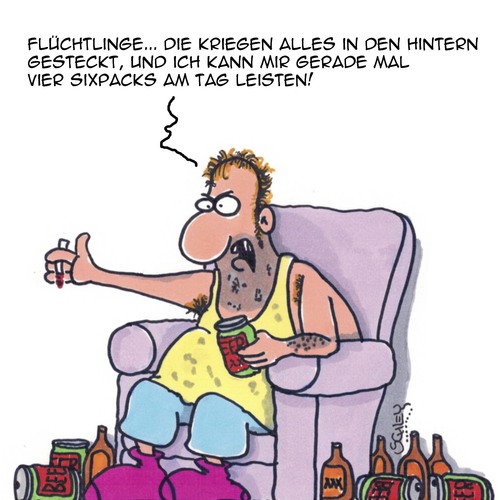 Cartoon: UND ICH??? (medium) by Karsten Schley tagged neidgesellschaft,dummheit,nationalismus,populismus,rassismus,sozialhilfe,alkohol,deutschland,flüchtlinge,neidgesellschaft,dummheit,nationalismus,populismus,rassismus,sozialhilfe,alkohol,deutschland,flüchtlinge