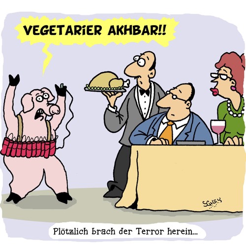 Cartoon: Und plötzlich... (medium) by Karsten Schley tagged fleisch,vegetarier,ernährung,gesundheit,trends,modeerscheinungen,terror,tiere,gastronomie,restaurants,ernährung,vegetarier,fleisch,restaurants,gastronomie,tiere,terror,modeerscheinungen,trends,gesundheit