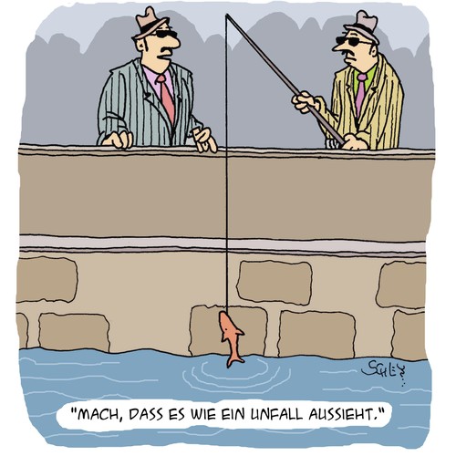 Cartoon: UNFALL! (medium) by Karsten Schley tagged mafia,gangster,kriminalität,ernährung,essen,fischen,angeln,angler,wasser,tiere,verbrechen,mafia,gangster,kriminalität,ernährung,essen,fischen,angeln,angler,wasser,tiere,verbrechen