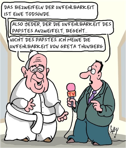 Cartoon: Unfehlbarkeit (medium) by Karsten Schley tagged religion,unfehlbarkeit,papst,greta,klimawandel,politik,glaube,medien,business,gesellschaft,religion,unfehlbarkeit,papst,greta,klimawandel,politik,glaube,medien,business,gesellschaft