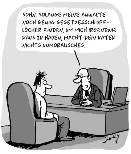 Cartoon: Unmoralisch? (medium) by Karsten Schley tagged väter,söhne,business,anwälte,recht,gesetz,gesetzeslücken,moral,gesellschaft,väter,söhne,business,anwälte,recht,gesetz,gesetzeslücken,moral,gesellschaft