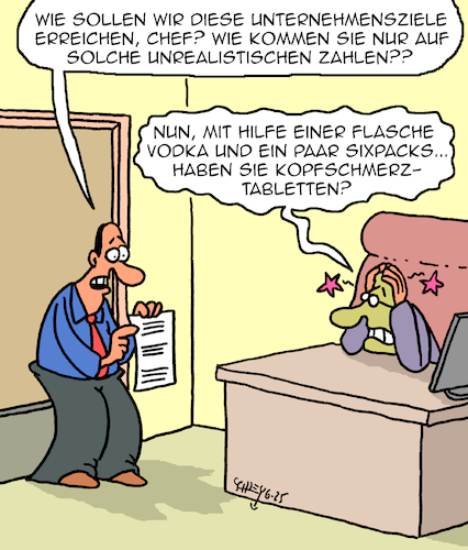 Cartoon: Unternehmensziele (medium) by Karsten Schley tagged wirtschaft,business,konjunktur,unternehmensziele,vorgaben,realismus,gewinne,umsätze,arbeitgeber,arbeitnehmer,management,wirtschaft,business,konjunktur,unternehmensziele,vorgaben,realismus,gewinne,umsätze,arbeitgeber,arbeitnehmer,management