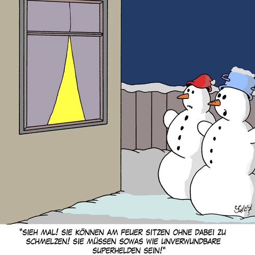 Cartoon: Unverwundbar! (medium) by Karsten Schley tagged winter,schnee,klima,jahreszeiten,kälte,feuer,superhelden,winter,schnee,klima,jahreszeiten,kälte,feuer,superhelden