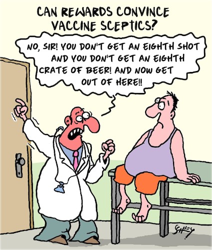 Cartoon: Vaccine Sceptics (medium) by Karsten Schley tagged corona,psychology,vaccine,media,sceptics,health,doctors,patients,rewards,society,science,politics,corona,psychology,vaccine,media,sceptics,health,doctors,patients,rewards,society,science,politics