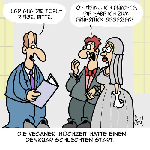 Cartoon: Vegane Hochzeit (medium) by Karsten Schley tagged hochzeit,liebe,männer,frauen,heirat,ehe,verganer,ernährung,essen,nahrung,gesundheit,mode,trends,hochzeit,liebe,männer,frauen,heirat,ehe,verganer,ernährung,essen,nahrung,gesundheit,mode,trends