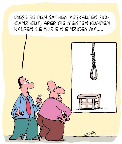 Cartoon: Verkaufsschlager (medium) by Karsten Schley tagged verkäufer,handel,umsatz,kunden,selbstmord,tod,business,wirtschaft,gesellschaft,verkäufer,handel,umsatz,kunden,selbstmord,tod,business,wirtschaft,gesellschaft