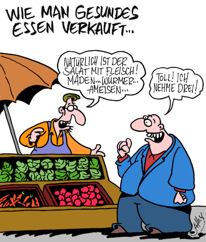 Cartoon: Verkaufstrick (medium) by Karsten Schley tagged essen,ernährung,gesundheit,vegan,vegetarisch,fleisch,kunden,verkäufer,markt,umsatz,business,wirtschaft,geld,gesellschaft,essen,ernährung,gesundheit,vegan,vegetarisch,fleisch,kunden,verkäufer,markt,umsatz,business,wirtschaft,geld,gesellschaft