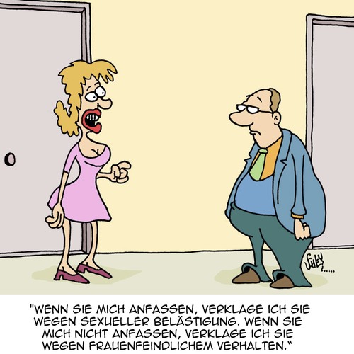 Cartoon: Verklag mich doch!! (medium) by Karsten Schley tagged kriminalität,jobs,wirtschaft,arbeit,chauvinismus,frauenfeindlichkeit,gesetz,recht,frauen,männer,männer,frauen,recht,gesetz,frauenfeindlichkeit,chauvinismus,arbeit,wirtschaft,jobs,kriminalität