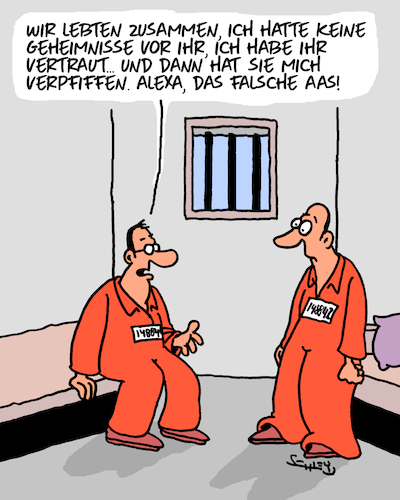 Cartoon: Verpfiffen (medium) by Karsten Schley tagged technik,ki,computer,digitales,medien,alexa,justiz,verbrechen,kriminalität,gefängnisse,gesellschaft,technik,ki,computer,digitales,medien,alexa,justiz,verbrechen,kriminalität,gefängnisse,gesellschaft