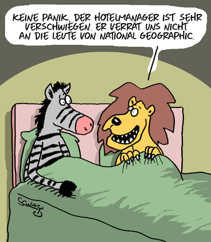 Cartoon: Verschwiegen (medium) by Karsten Schley tagged national,geographic,medien,liebe,natur,naturforscher,tiere,wildtiere,hotels,gesellschaft,national,geographic,medien,liebe,natur,naturforscher,tiere,wildtiere,sex,hotels,gesellschaft