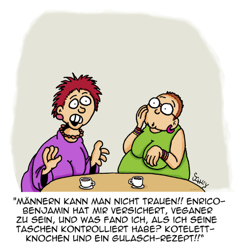 Cartoon: Vertrauen (medium) by Karsten Schley tagged werbung,vertrauen,lüge,öko,vegetarier,veganer,ernährung,beziehungen,frauen,männer,männer,frauen,beziehungen,ernährung,veganer,vegetarier,öko,lüge,vertrauen,werbung