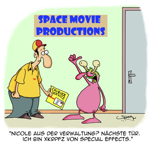 Cartoon: Verwaltung (medium) by Karsten Schley tagged arbeit,unterhaltung,filme,büro,zuständigkeit,spezialeffekte,filmproduktion,kuriere,aliens,arbeit,unterhaltung,filme,büro,zuständigkeit,spezialeffekte,filmproduktion,kuriere,aliens