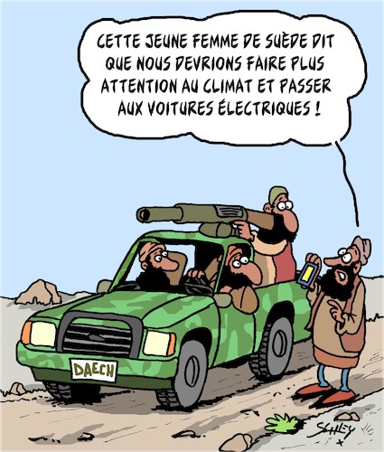 Cartoon: Voitures Electriques (medium) by Karsten Schley tagged terrorisme,climat,daech,religion,musulmans,islamisme,politique,terrorisme,climat,daech,religion,musulmans,islamisme,politique