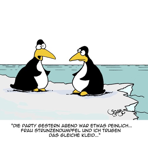 Cartoon: Voll peinlich! (medium) by Karsten Schley tagged mode,kleidung,parties,frauen,natur,pinguine,tiere,antarktis,mode,kleidung,parties,frauen,natur,pinguine,tiere,antarktis