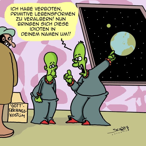 Cartoon: Voll primitiv! (medium) by Karsten Schley tagged aliens,evolution,religion,terror,humor,verkleidungen,erde,menschheit,dummheit,gott,aliens,evolution,religion,terror,humor,verkleidungen,erde,menschheit,dummheit,gott