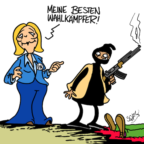 Cartoon: Wahlkämpfer (medium) by Karsten Schley tagged politik,frankreich,fn,wahlen,marine,le,pen,rechtsextremismus,faschismus,europa,eu,rassismus,religion,daech,isis,politik,frankreich,fn,wahlen,marine,le,pen,rechtsextremismus,faschismus,europa,eu,rassismus,religion,daech,isis