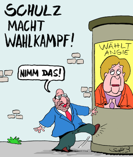 Cartoon: Wahlkampf (medium) by Karsten Schley tagged wahlen,wahlkampf,deutschland,spd,schulz,cdu,merkel,gesellschaft,demokratie,wahlen,wahlkampf,deutschland,spd,schulz,cdu,merkel,gesellschaft,demokratie