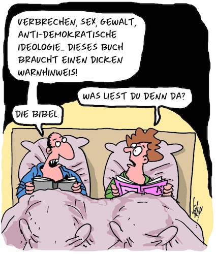 Cartoon: Warnung!! (medium) by Karsten Schley tagged literatur,religion,warnhinweise,kriminalität,gewalt,medien,jugendschutz,familien,literatur,religion,warnhinweise,sex,kriminalität,gewalt,medien,jugendschutz,familien