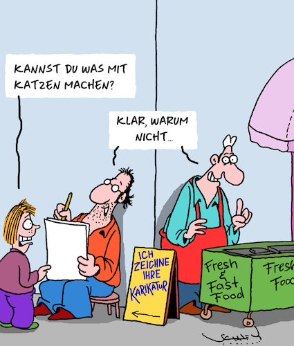 Cartoon: Was mit Katzen (medium) by Karsten Schley tagged kunst,karikaturen,zeichnen,künstler,kinder,kochen,fastfood,katzen,ernährung,tiere,kunst,karikaturen,zeichnen,künstler,kinder,kochen,fastfood,katzen,ernährung,tiere