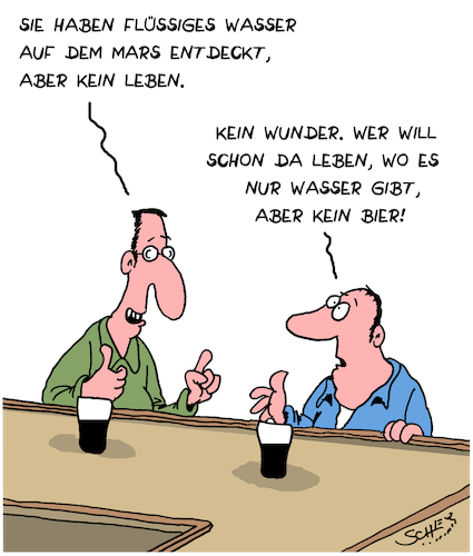 Cartoon: Wasser auf dem Mars (medium) by Karsten Schley tagged weltraum,wissenschaft,wasser,leben,ausserirdische,pubs,bars,getränke,gesellschaft,bier,weltraum,wissenschaft,wasser,leben,ausserirdische,pubs,bars,getränke,gesellschaft,bier