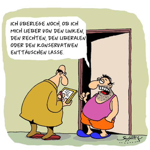 Cartoon: Wechselwähler (medium) by Karsten Schley tagged wahlen,politik,konservative,rechte,linke,liberale,gesellschaft,europa,deutschland,wechselwähler,politikverdrossenheit,wahlen,politik,konservative,rechte,linke,liberale,gesellschaft,europa,deutschland,wechselwähler,politikverdrossenheit