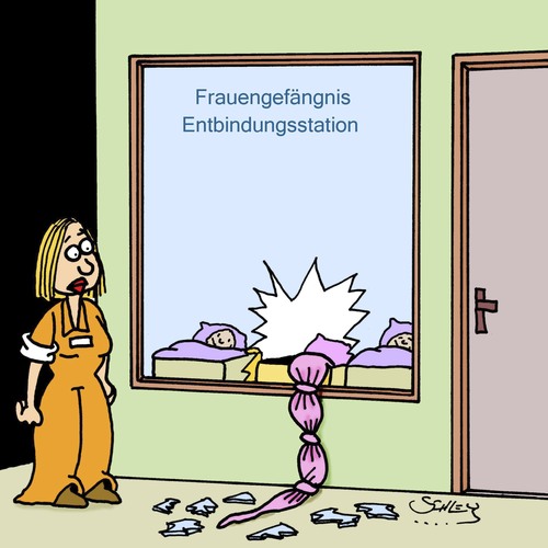 Cartoon: Weg isser. (medium) by Karsten Schley tagged justiz,kriminalität,frauen,gefängnis,kinder,babies,geburt,entbindung,gesundheit,justiz,kriminalität,frauen,gefängnis,kinder,babies,geburt,entbindung,gesundheit