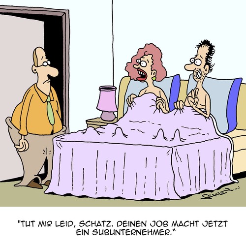Cartoon: Weg ist der Job... (medium) by Karsten Schley tagged wirtschaft,business,jobs,liebe,ehe,männer,frauen,beziehungen,subunternehmer,billiglohn,wirtschaft,business,jobs,liebe,ehe,männer,frauen,beziehungen,subunternehmer,billiglohn