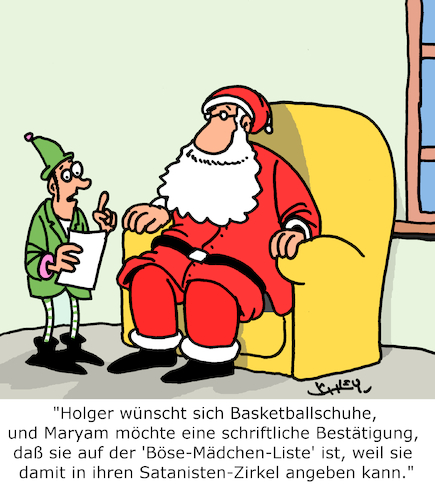 Cartoon: Weihnachtswünsche (medium) by Karsten Schley tagged weihnachten,christentum,weihnachtsmann,geschenke,wünsche,elfen,religion,mythen,feiertage,gesellschaft,weihnachten,christentum,weihnachtsmann,geschenke,wünsche,elfen,religion,mythen,feiertage,gesellschaft